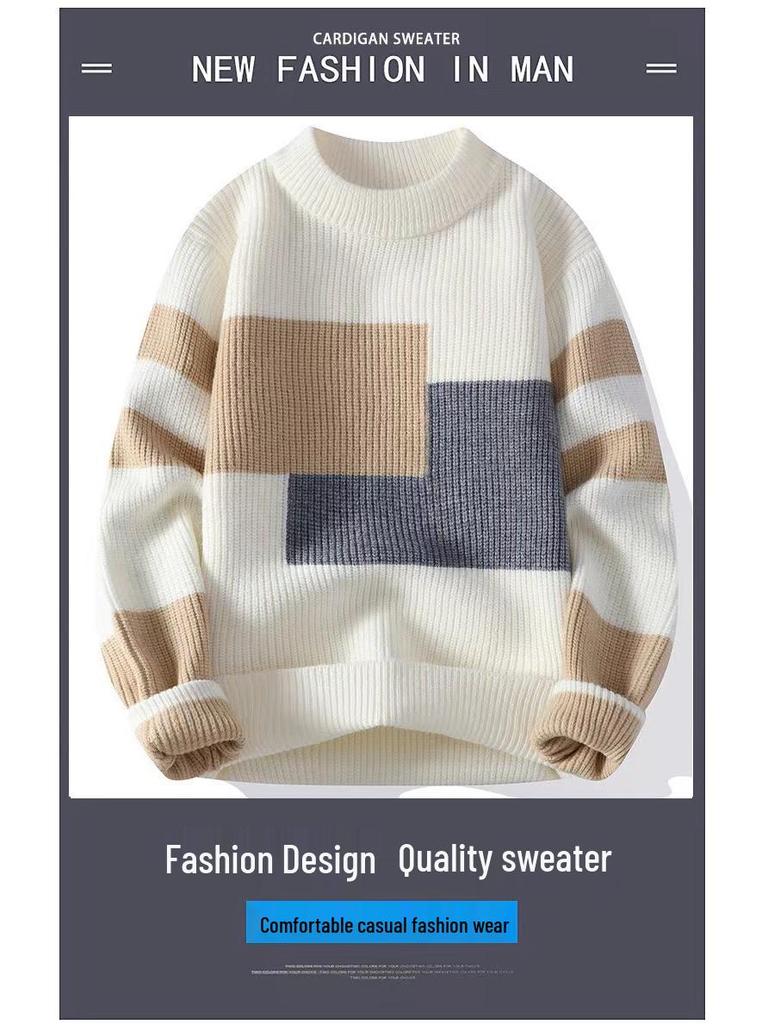 2024 Autumn/Winter Men's Youth Color Block Sweater - Trendy Student Round Neck Pullover Knitwear