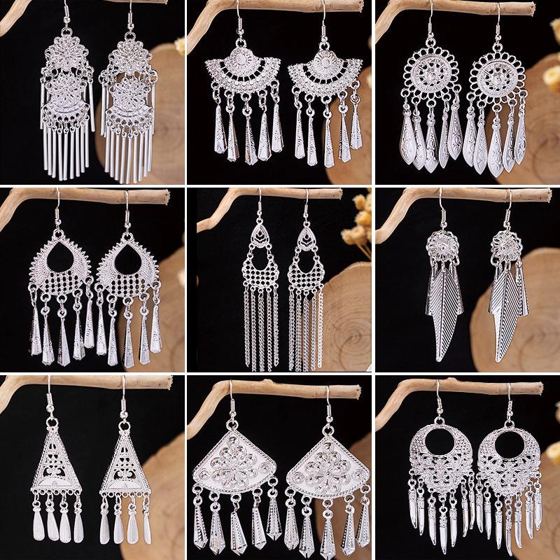 Vintage Miao Silver Minority Wind Earrings Personalized Bohemian Style Flower Long Fringed Earrings
