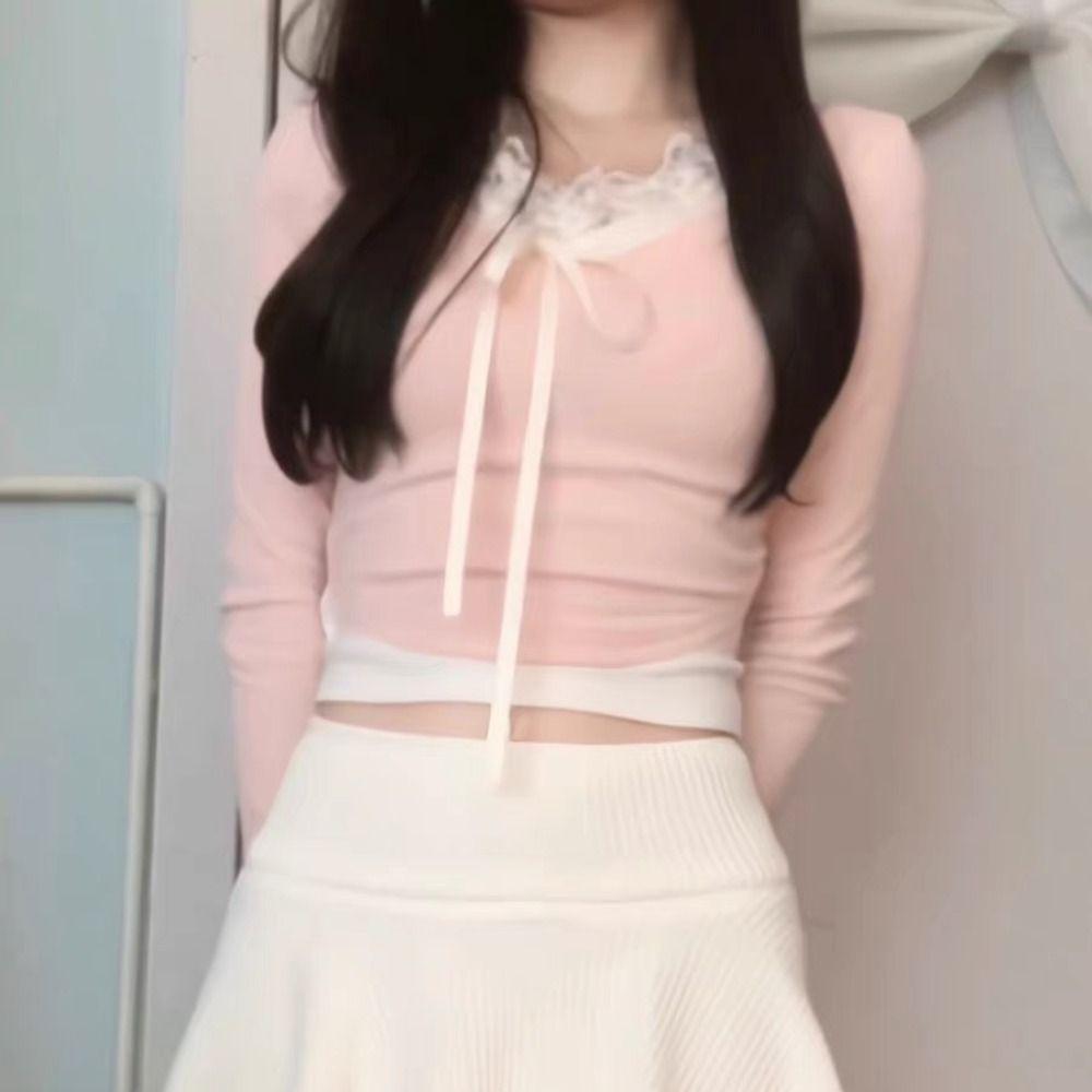 

Топ для девочек, атласный бант, топ-труба, длинные рукава, милый стиль, укороченный топ, кружевные трикотажные топы для женщин/девочек M