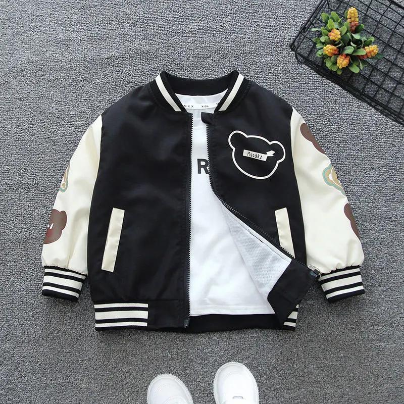 Spring Autumn Boys Girls Jacket Cartoon Bear Letter Print Baseball Uniform Children Sports Outerwear