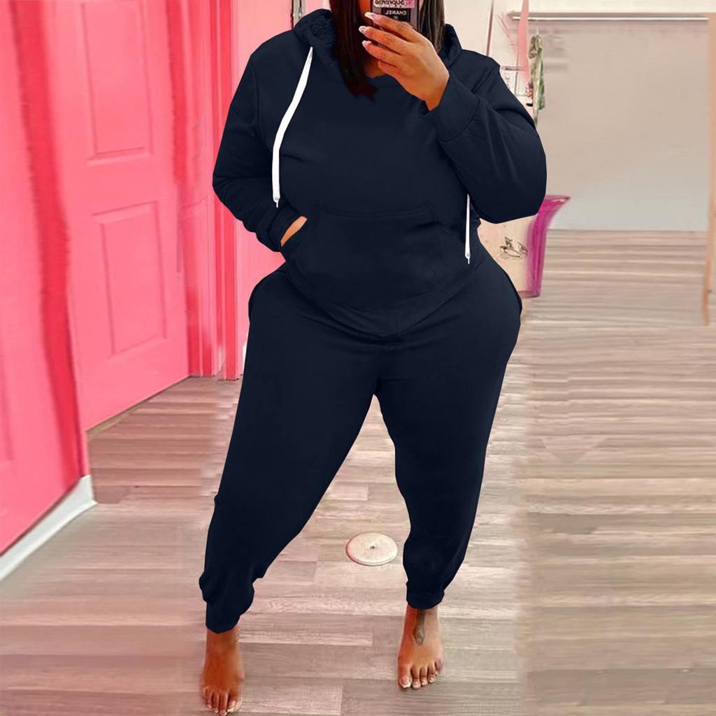 Women's Padded Drawstring Hooded Sweatshirt Long Sleeve Drawstring Trousers Piece Set