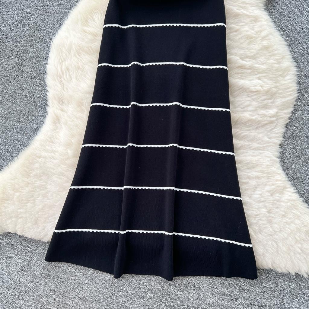 Summer Women Casual Black Sleeveless Striped Long Maxi Knitted Sweater Dresses
