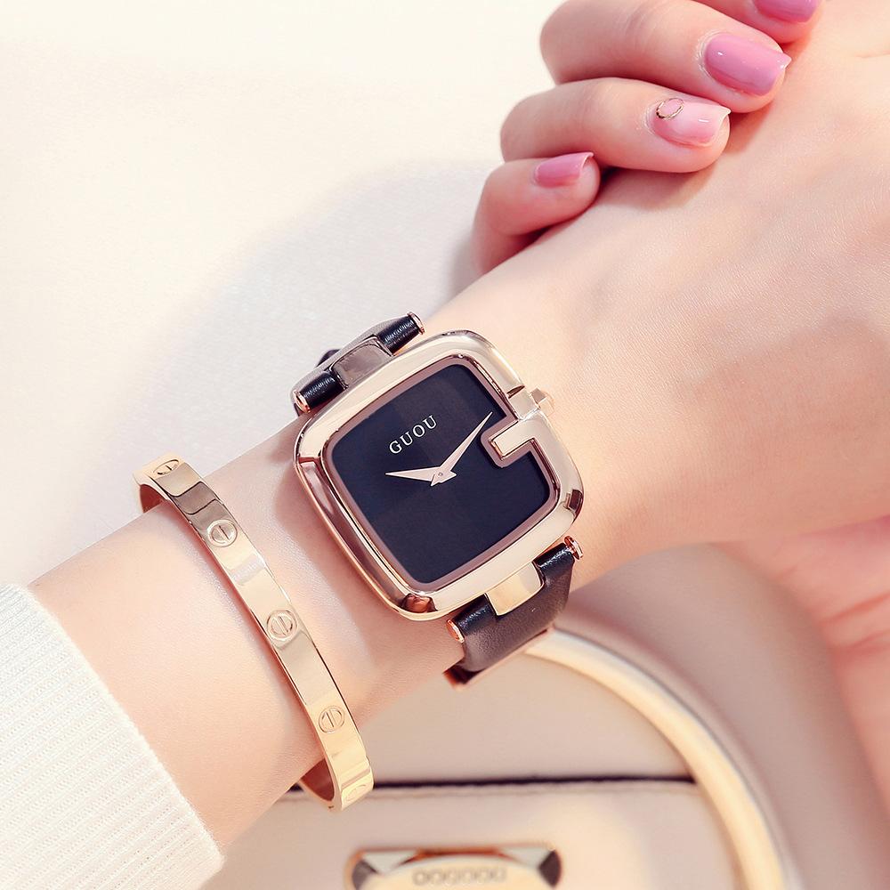 

Простые персонализированные квадратные часы, модные женские часы, кварцевые часы из натуральной кожи для женщин