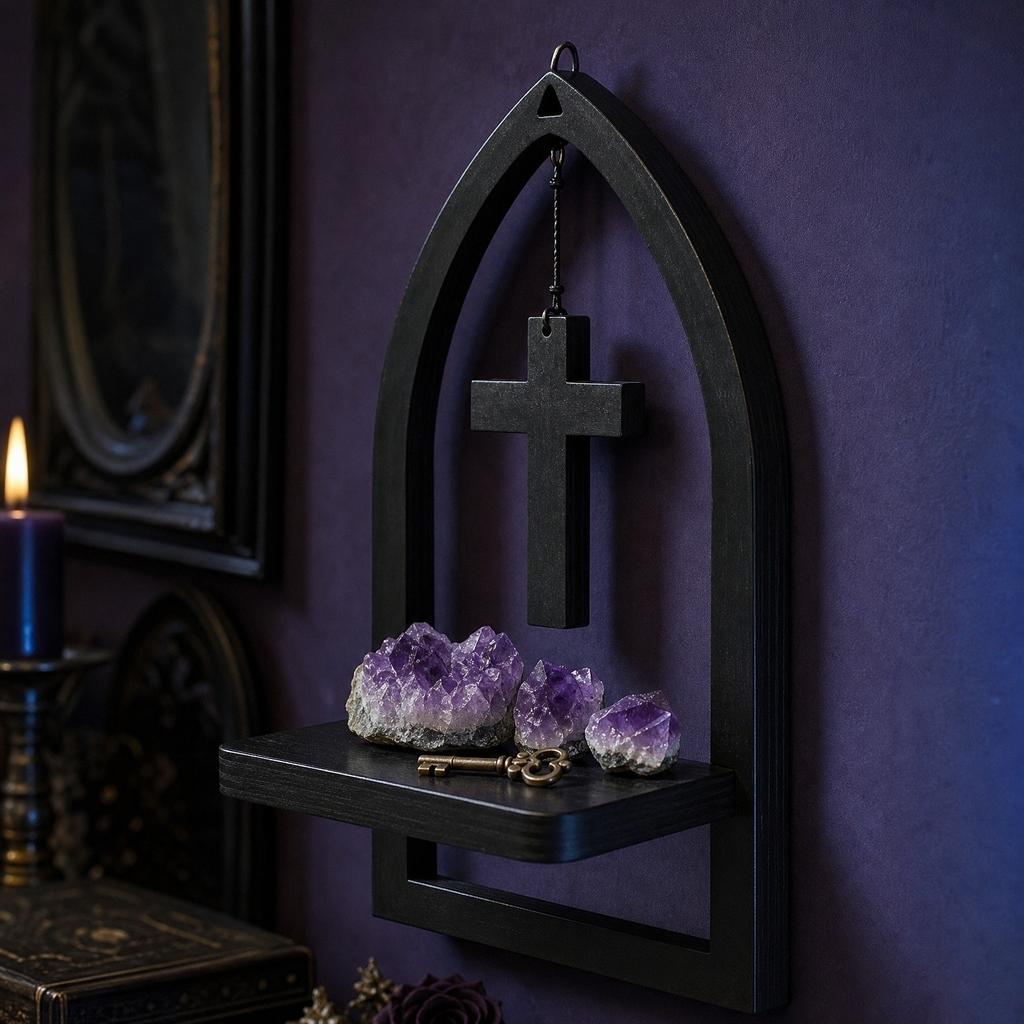 Gothic Style Wooden Wall Mounted Shelf with Cross and Arch Design for Home Decor Aromatherapy Candle Holder Church Inspired