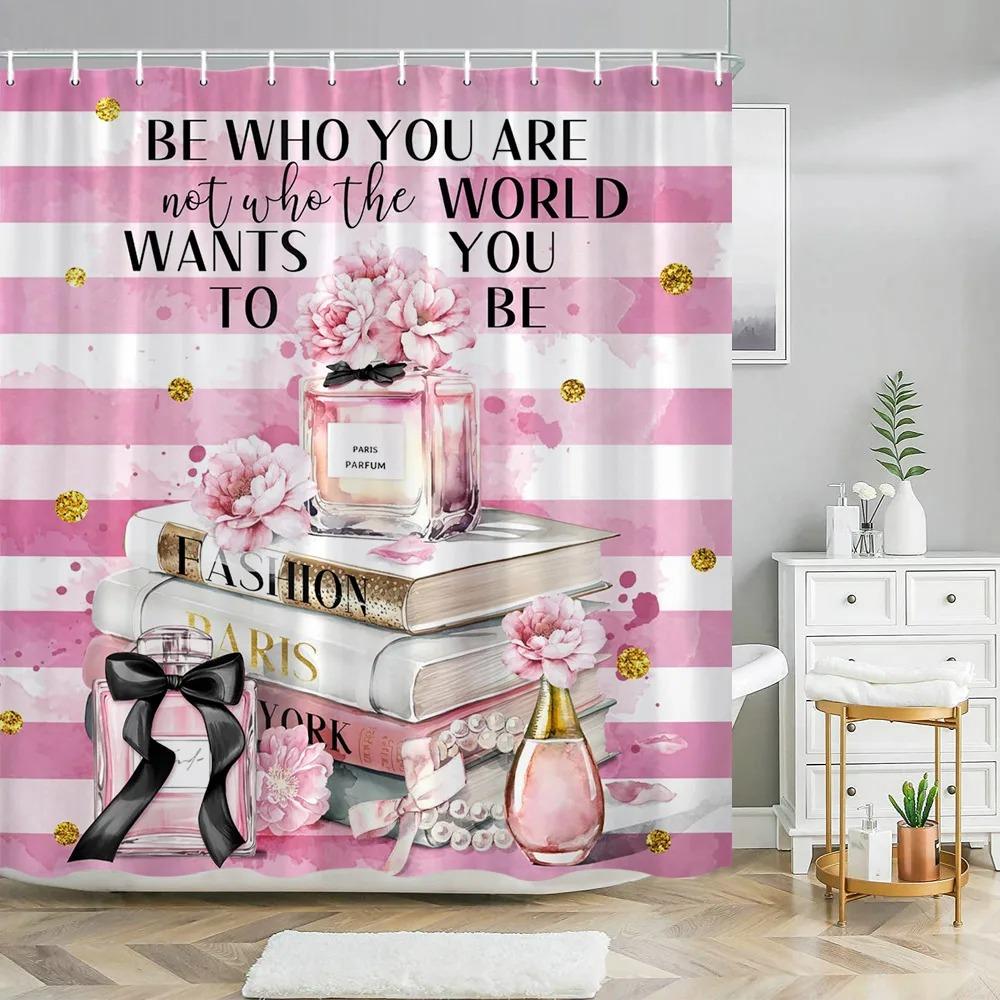 Pink Perfume High Heel Shower Curtain Set Black White Stripes Fashion Girl Woman Bathroom Decor Polyester Bathtub Curtains Hooks