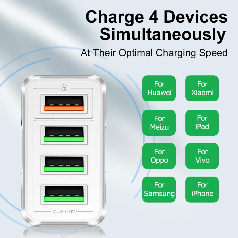 QC3.0 4-Port Fast USB Mobile Phone Charger with EU/UK/AU Plug