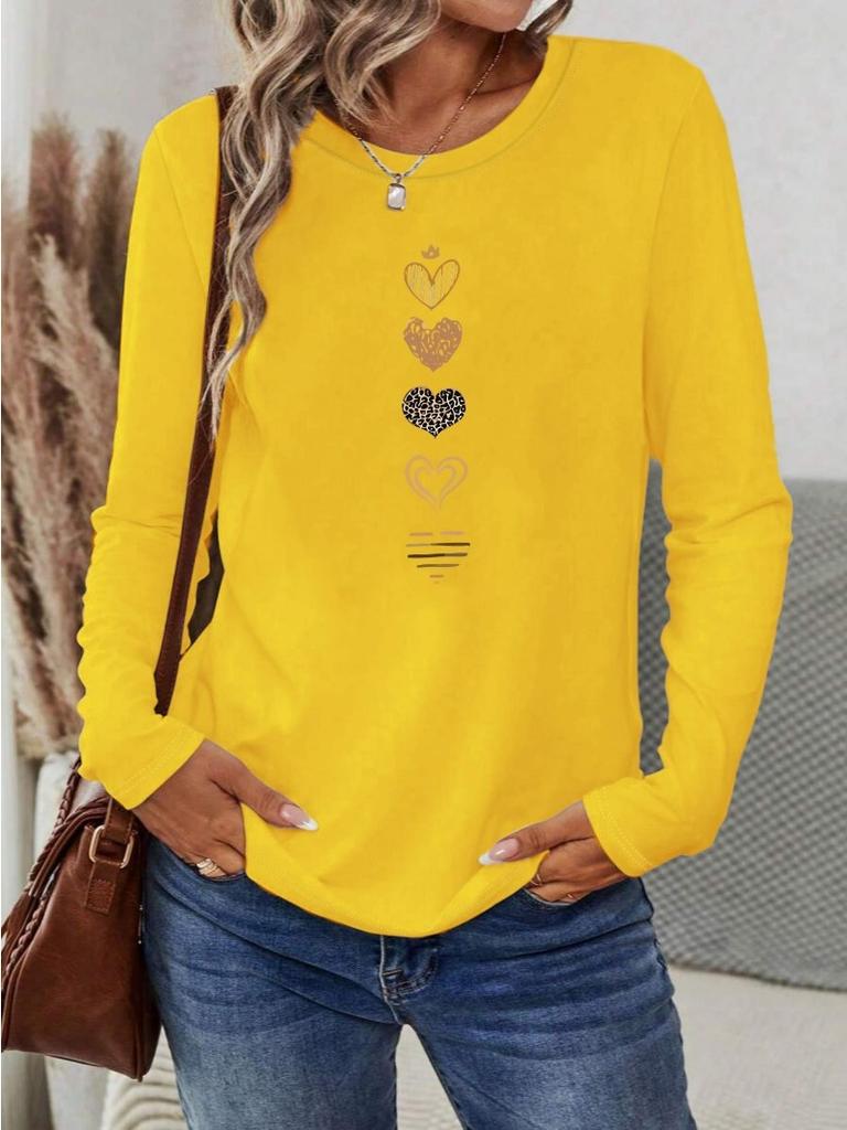 Fashion Casual Loose Leopard Pattern Heart Pattern Printed Round Neck Long Sleeve T-shirt