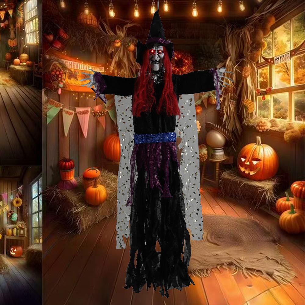 Animated Witch Halloween Decorations Outdoor Indoor Scary Halloween Animatronics Decor Hanging Ghost Talking Sound Activated Led Lights Eyes Haunted