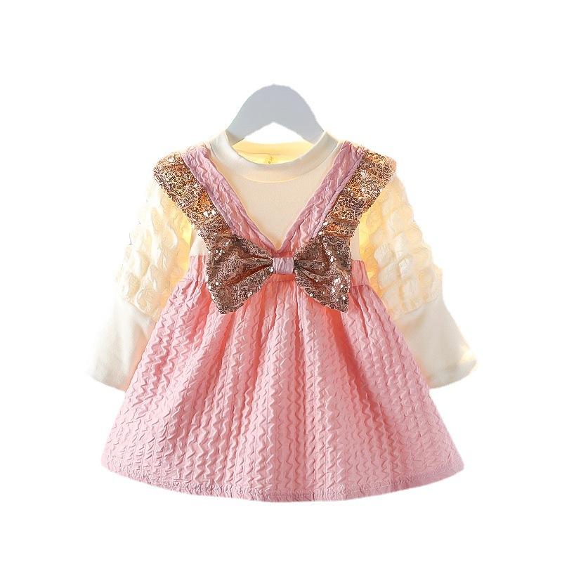 Spring Autumn Baby Girl Fake Two Piece Long Sleeve Dress 0-3 Years Old Infant Toddler Stylish Princess Dress