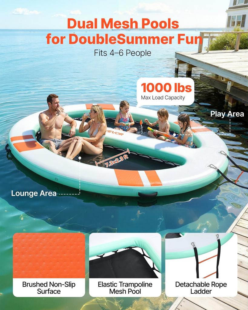 Aufblasbarer schwimmender Steg, 3,05 x 2,44 m runde aufblasbare Stegplattform, rutschfeste Wasser-Luftmatte mit tragbarer Tasche und abnehmbarer Leiter, Schwimmkörper