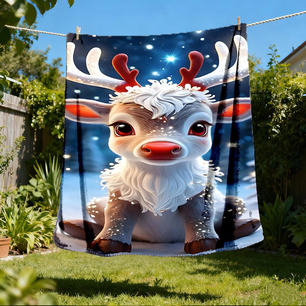 1pc Reindeer Winter Wonderland Outdoor Flannel Blanket , Machine Washable Perfect Gift for Birthday , Holiday Travel Accessory , Durable Material