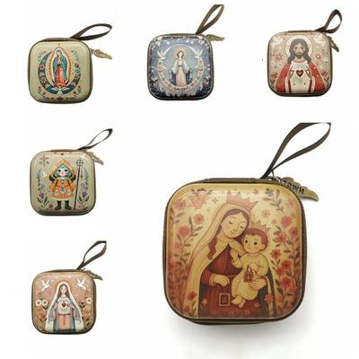 Portable Virgin Mary Prayer Rosary Storage Bag 7x7cm Zippered Religious Articles Cartoon Elegant Prayer Kit Devotees