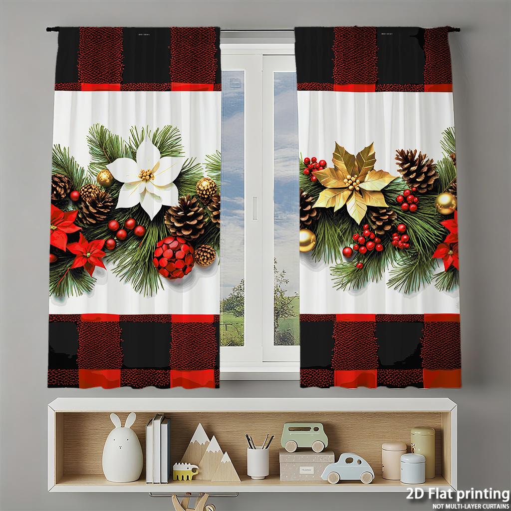 Piece Set High Definition Digital Printed Curtainschristmas Pine Branches Red Green Plaid Flower Decorhome Decoration Style Curtain Made Of Polyester