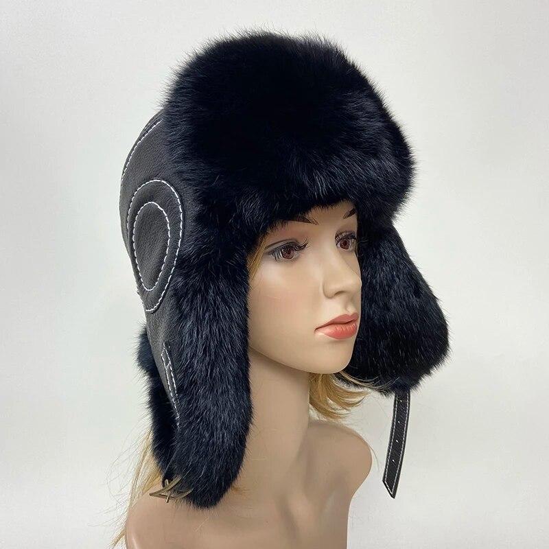 Men's 100% Natural Rabbit Fur Bomber Hats Winter Russian Man Warm Real Sheepskin Leather Hat Male Real Fur Rabbit Fur Caps