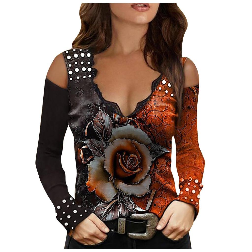 Women's Fashion Loose Print V-neck Off Shoulder Long Sleeve T-shirt Tops