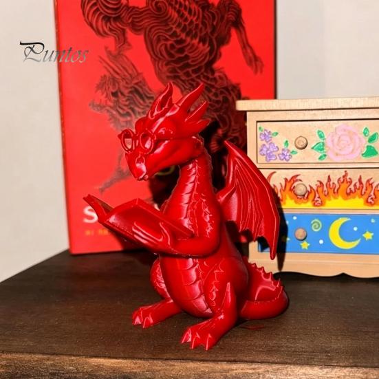 Collectible Dragon Ornament Reading Figurine with Glasses, Statue, 3D Printed Statue Bookshelf Decor, Whimsical Desktop Ornament, Gift for Book Lovers