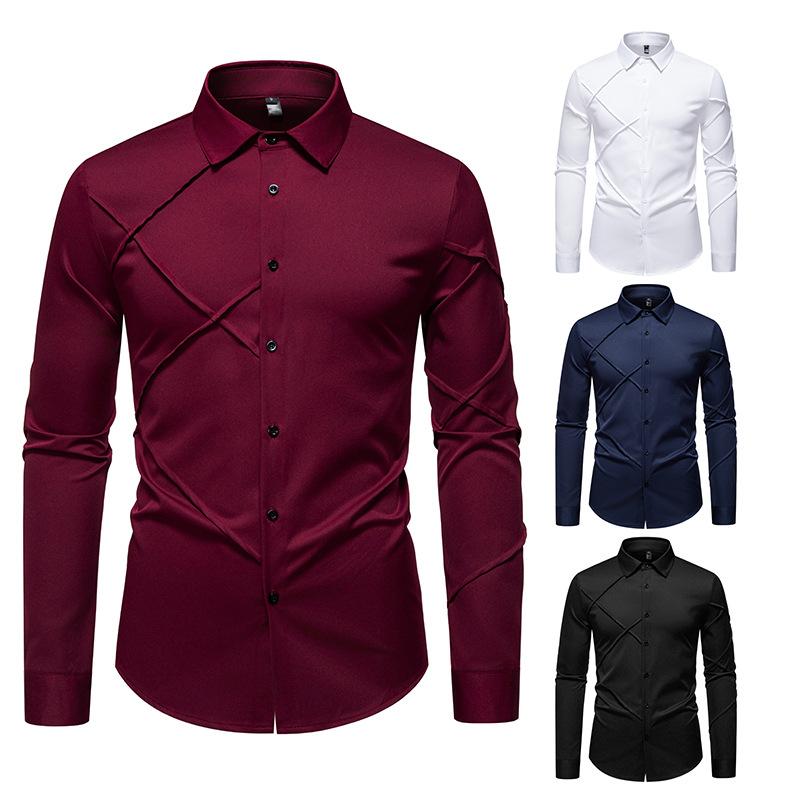 Autumn Men'S Solid Color Pleated Design Casual Long Sleeve Shirt Men'S Loose Shirt
