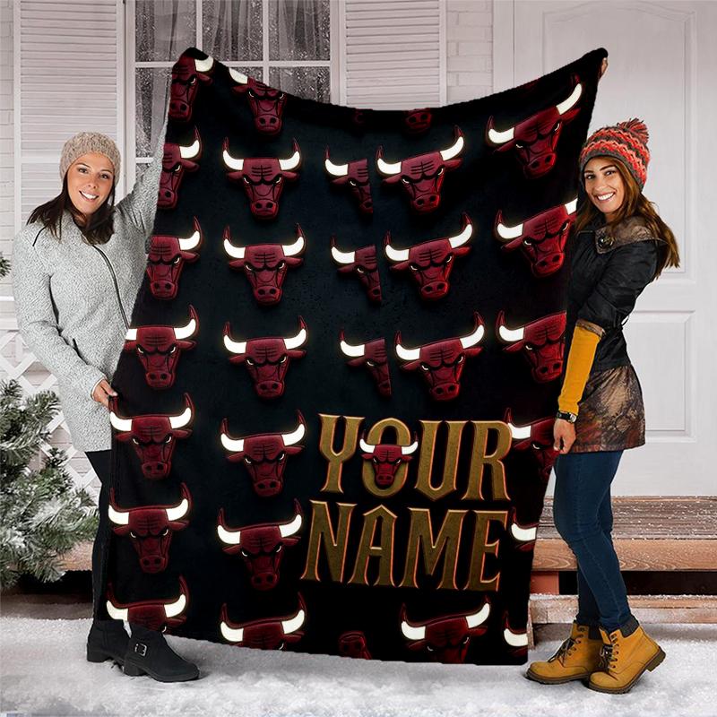Custom Name Chicago Bulls logo Flannel Fleece Blanket Cozy Warm Throw Blanket For Couch Bed Travel All Season Use