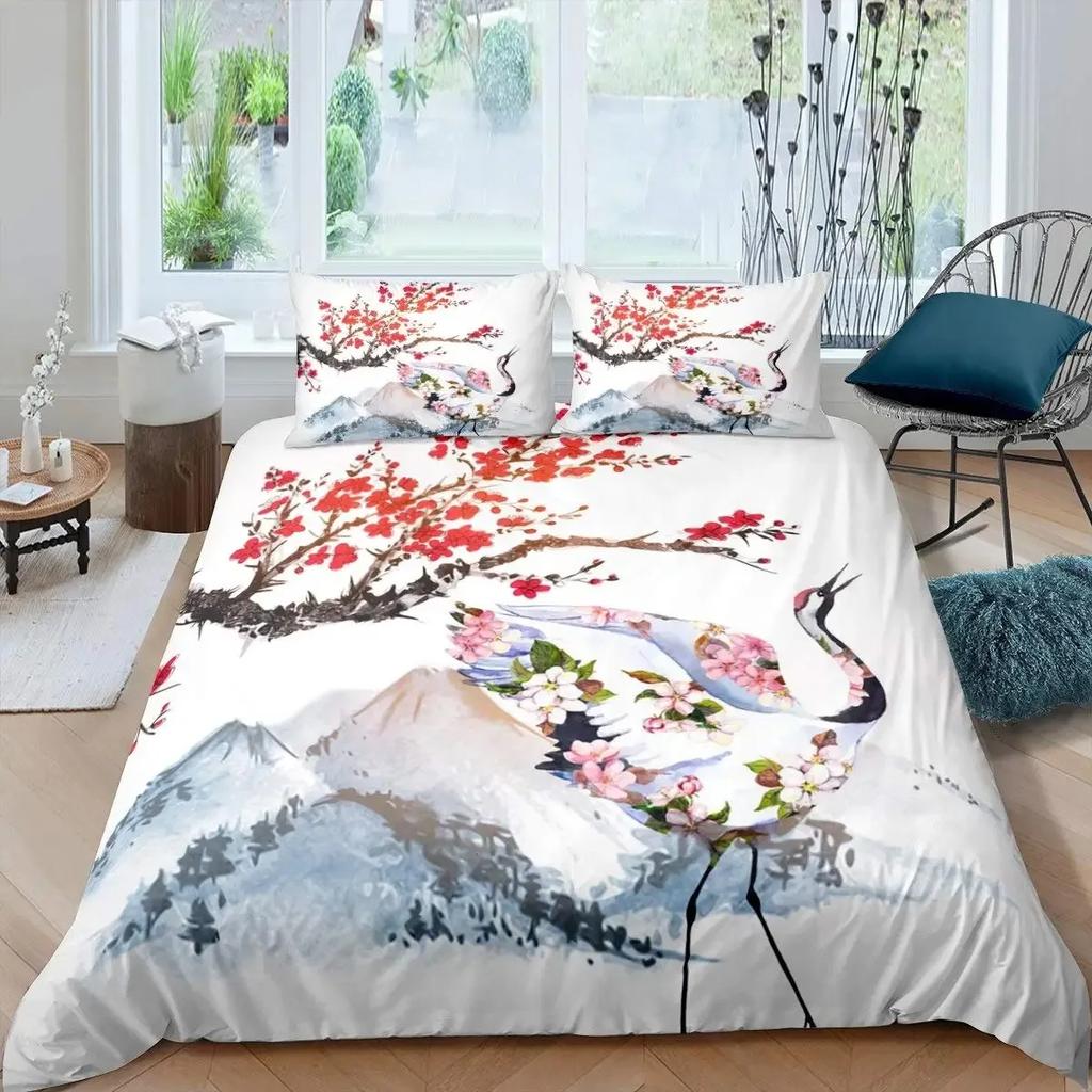 Japan Mount Fuji Duvet Cover Set Cherry Comforter Cover Retro Tower Bedding Set Japanese Ukiyo-E Bedspread Cover Full Queen Size