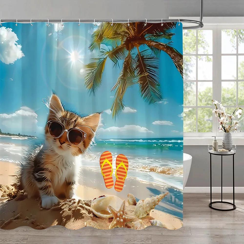 Funny Cat Children'S Shower Curtain Colourful Cartoon Patterns Children'S Room Curtains Bathroom Decor Accessories With Hooks