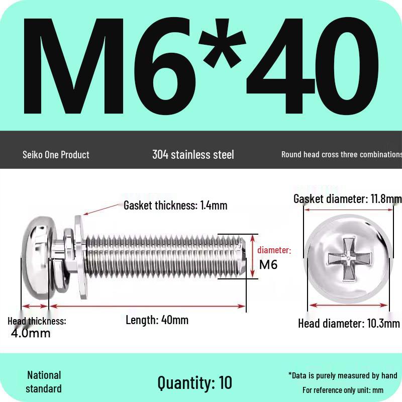 304 Stainless Steel Phillips Round Head Screw with Flat Washer M3/M4/M5/M6