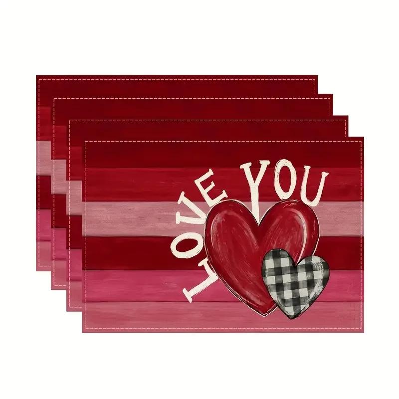 4pc Valentine's Day Placemat Pink Heart-shaped Dining Table Tea Table Decoration Anti Fouling and Heat-insulating Tablecloth