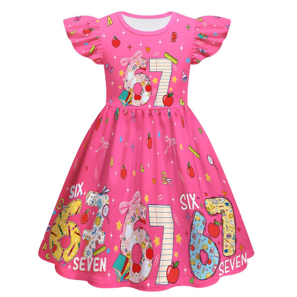 82838 Kids Girls Steal a Brainrot 67 Six Seven Print Ruffle Sleeveless Princess Dress