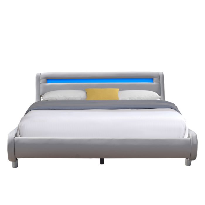 Lit gina pour matelas 140x190 - Sommier Tte de Lit Incurvee Couleur GRIS Pieds en 5 cm - 2 x 13 Lattes - revetemen