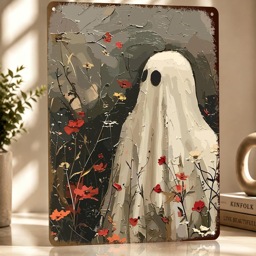 Ghost in a Field of Flowers Poster Retro D Printed Metal Signs Customized Wall Hanging Gift for Modern Home Decoration Luxury