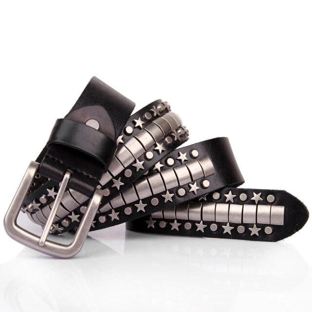 💰Comprar Gfohuo 100 % Cuero Genuino Metal Pin Hebilla Hombre Cinturón Macho Piel de Vaca Hiphop Rock Rivet Cinturones Para Hombres Ceinture Negro barato al mejor precio en la tienda en