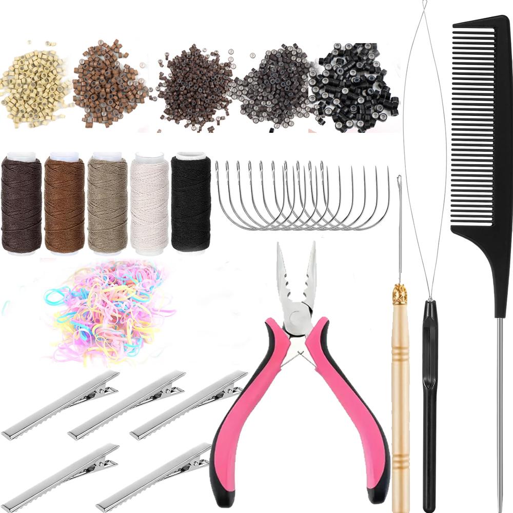 Hair Extension Tools Kit, 500 Silicone Lined Micro Rings, 1 Plier, 2 Hook Needle Pulling Loop,Hair Needle,5 Metal Hair Clips