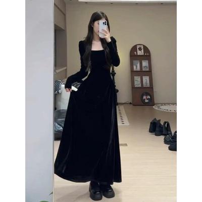 Elegant French-Style Black Velvet Dress for Women - Perfect for Early Spring, Birthdays, and Evening Parties