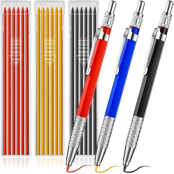 3 Pcs Welders Pencil with 36 Pcs Silver Round Refills, Welders Pencil for Metal, Welding Markers for Metal with Built-in Sharpener for Pipe Fitter