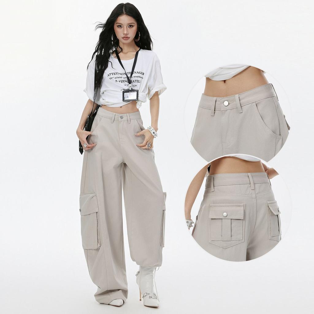 Spring Summer Paris Gray Cool Street Cargo Relaxed Hide Fat Saber Cut Wide Leg Trendy Denim Pants Women Casual Pants Oversize Denim Trousers