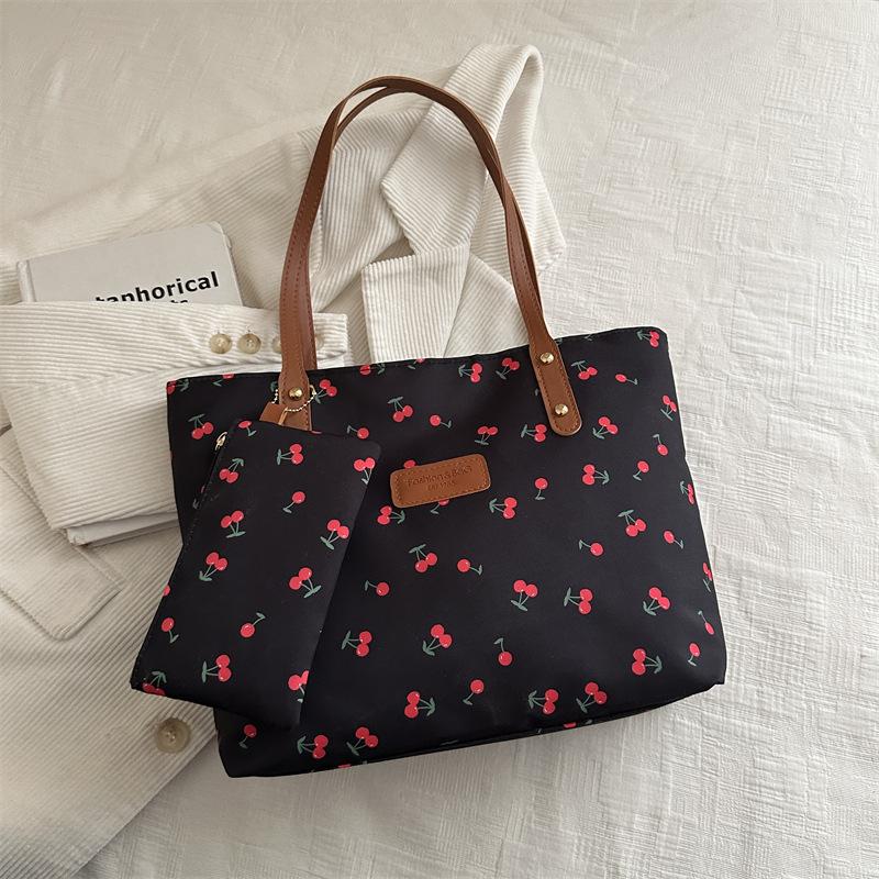 Cherry Print Tote Bag, Large Capacity Shoulder Bag, Matching Small Pouch, Pu Leather Handle, Casual Daily Work Shopping Handbag For Women