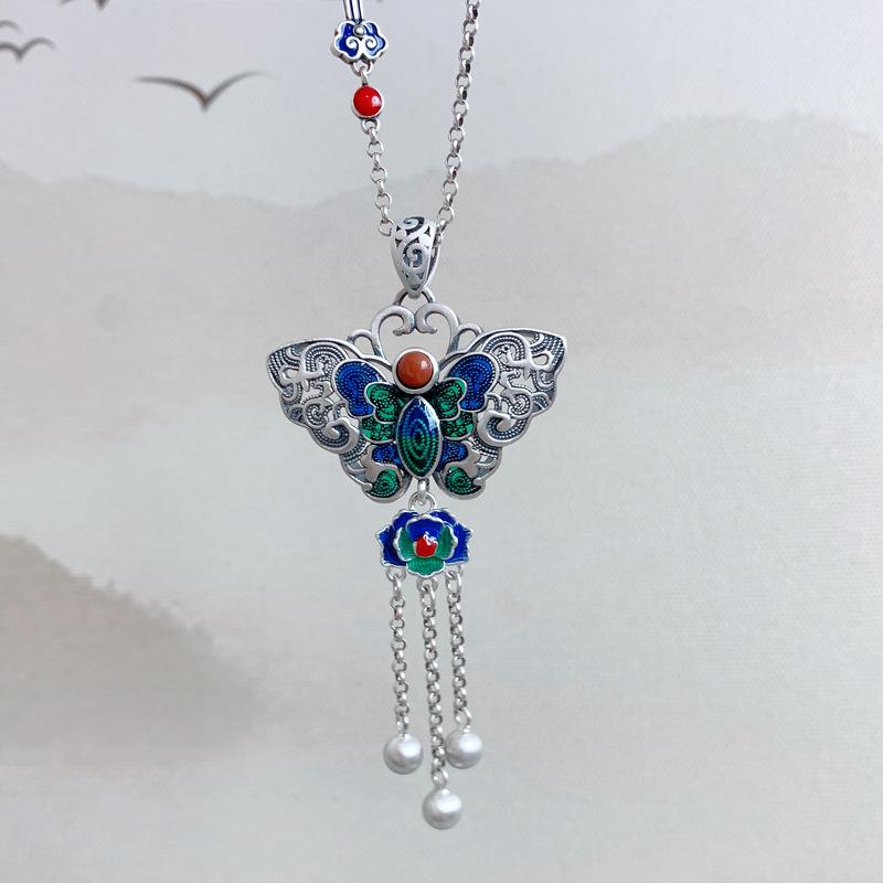 Exquisite Enamel Blue-green Butterfly Pendant Tassel Retro Ethnic Style Auspicious Cloud Necklaces Wedding Jewelry