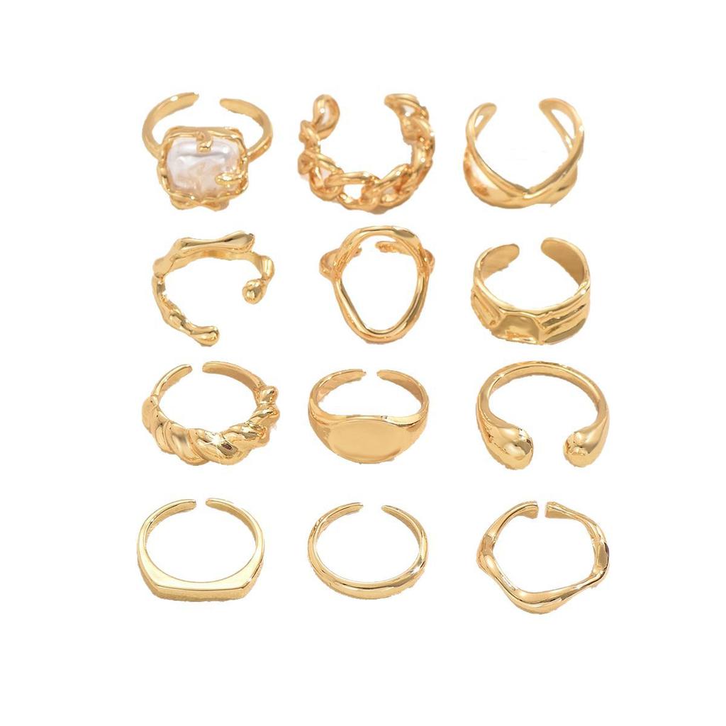 12Pcs/Set Irregular Smooth Rings Set for Women Geometric Exaggerated Imitate Pearl Finger Rings Vintage Fashion Party Jewelry