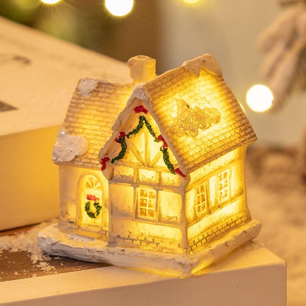 White Christmas Glowing Small House Resin Xmas House Ornament Cartoon Table Decorations Home Decor