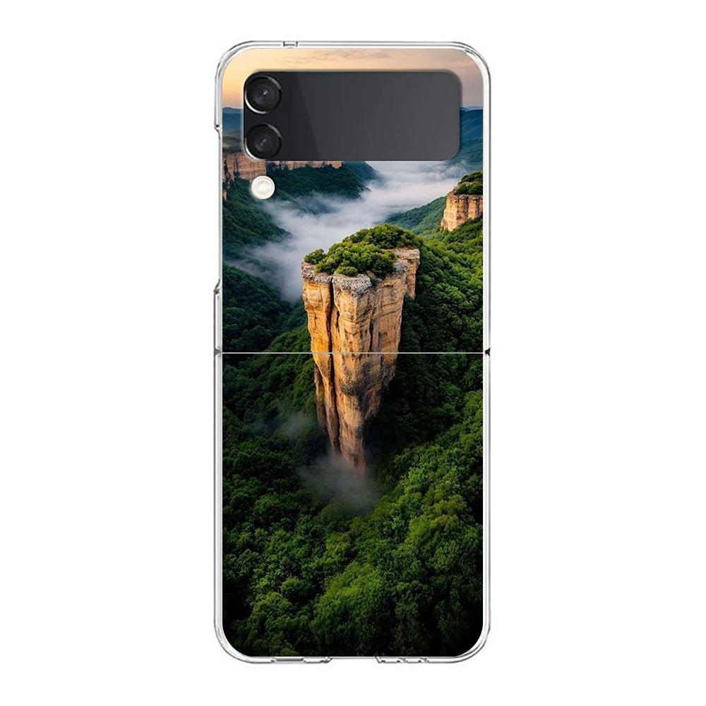 Transparent Phone Case For Samsung Galaxy Z Flip 3 4 5 6 7 Hard Folding PC Z Flip3 Flip4 Cover Mountain Peaks Landscape
