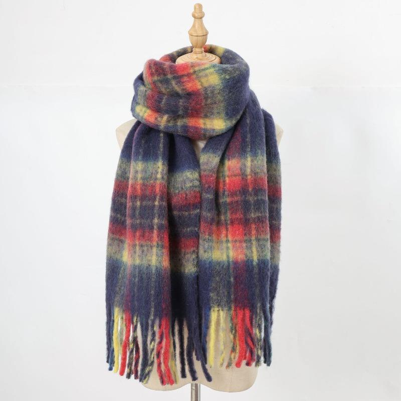 New autumn and winter retro plaid fringed scarf wool blended high-end versatile warm contrasting color plaid scarf