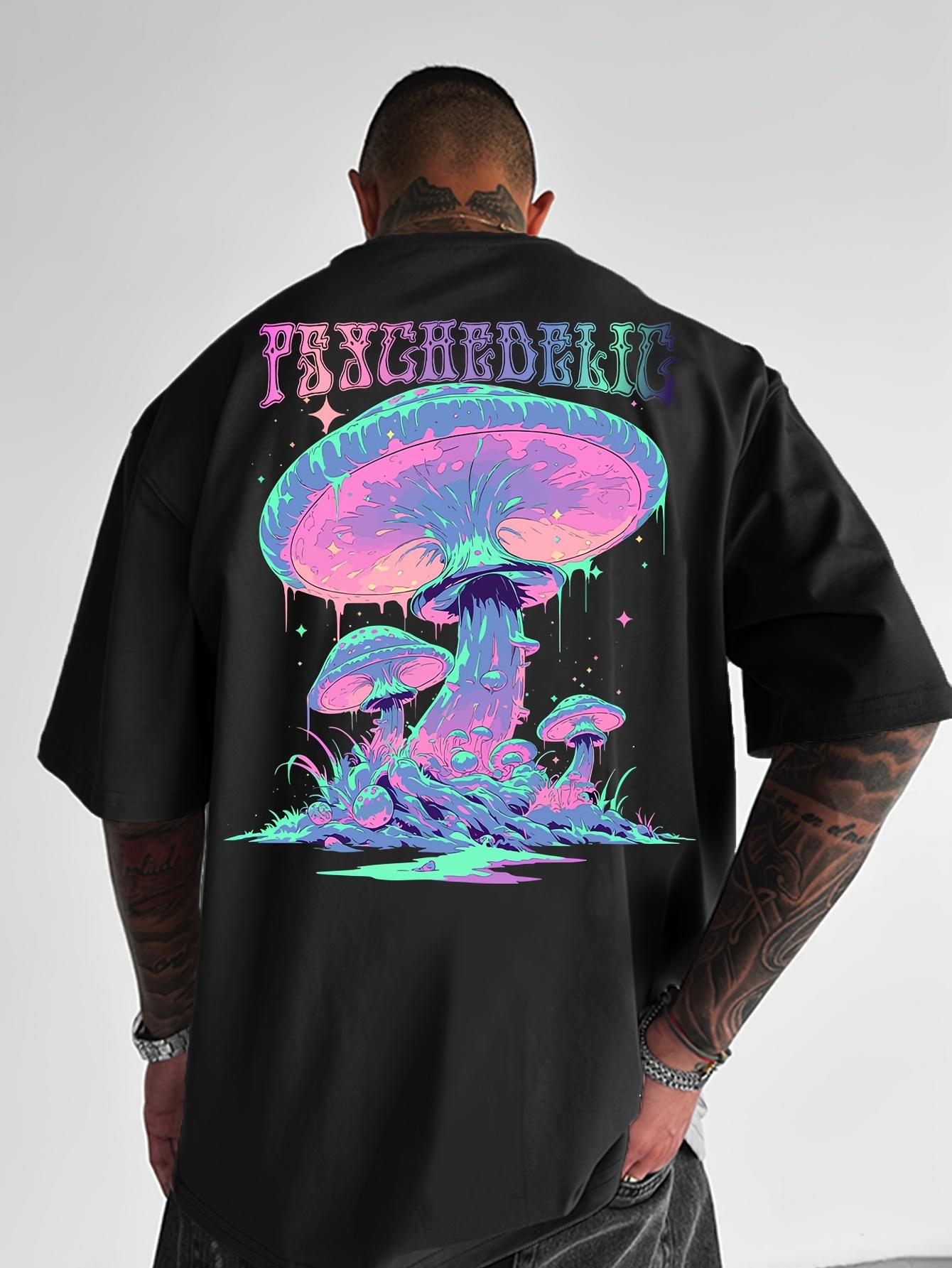 Men s Neon Glow T-Shirt - Neon Pink and Purple Mushroom Pattern Heat Transfer Print Tee XXXL