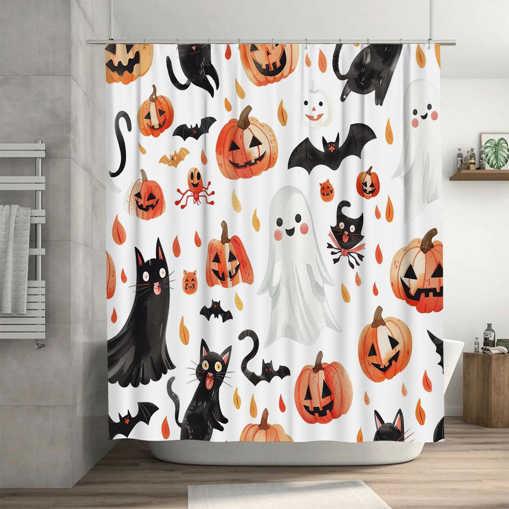 Halloween-themed Shower Curtain Featuring Pumpkin Ghosts, Black Cats, and Bats Perfect for Adding Spooky Charm To Your Bathroom