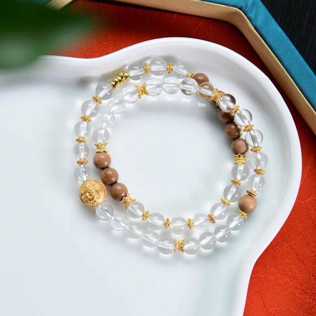Natural White Crystal & Sandalwood 925 Silver Wealth Bead Double-Strand Bracelet