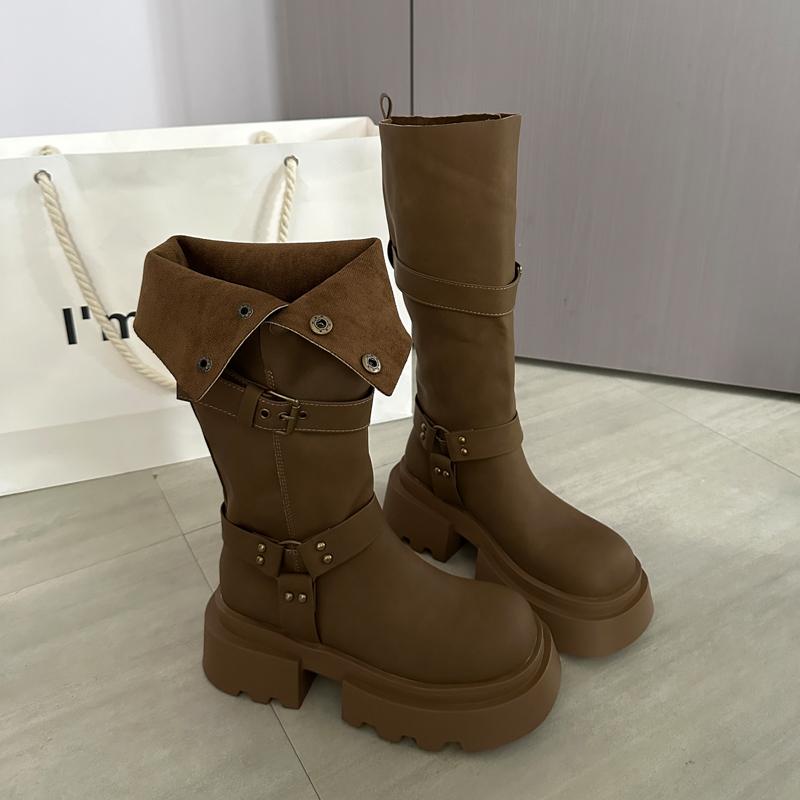 

Winter Vintage Platform Thick Sole Woman Knight High Boots Fashion Belt Buckle Shoes Ladies Concise Slip On Modern Long Botas 35