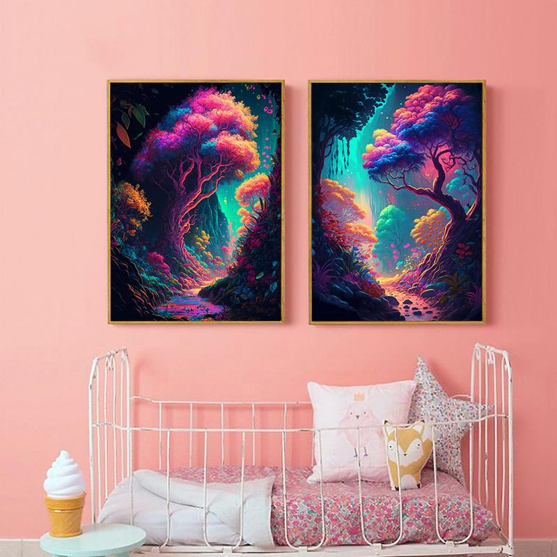 Abstract Psychedelic Mushrooms Enchanted Forest Poster Canvas Painting Colored Wall Art For Living Room Home Decor Cuadros