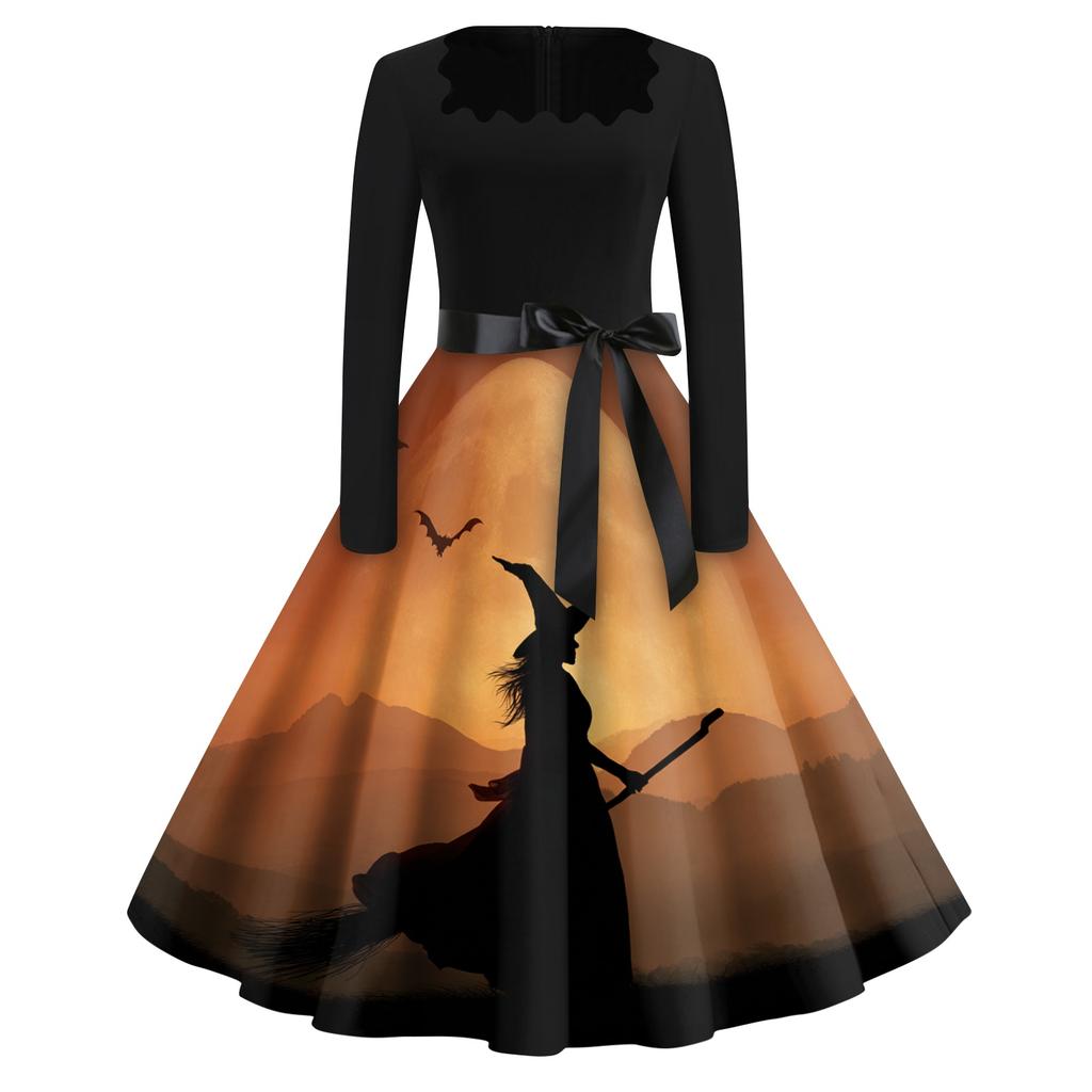 Women's Vintage Square Neck Casual Dress with Halloween Print for Fall Occasions