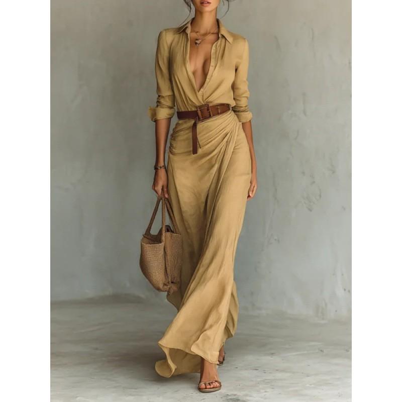 

Elegant Temperament Sexy Solid Color Irregular Pleated Dress With Belt XL хаки