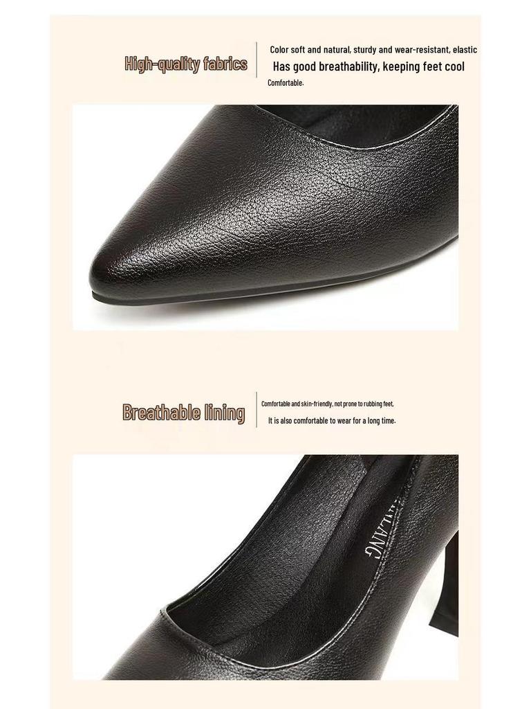 Comfortable Four-Season Leather Stiletto and Block Heel Stewardess Work Shoes for Women