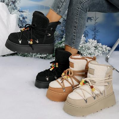 Women's Wide Width Beaded Suede Snow Boots, Platform Height Increasing Booties, Wholesale Winter Boots for Women