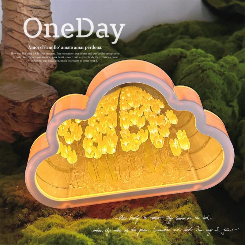 Cloud Tulip Night Light: Handmade Flower Mirror for Desktop Atmosphere - Qixi Festival Gift